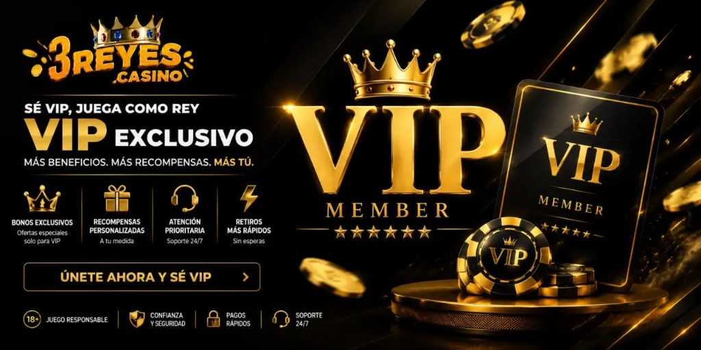 3REYES Casino — Programa VIP: sé VIP, juega como rey; bonos exclusivos, recompensas personalizadas, atención prioritaria 24/7 y retiros más rápidos. 18+ juego responsable.